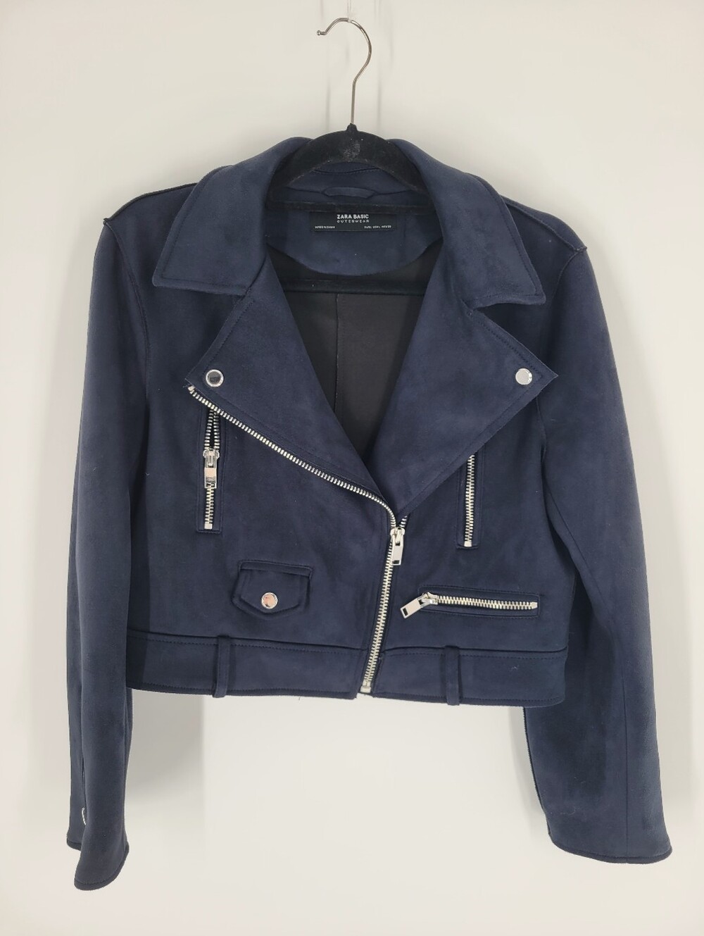 Zara Navy Suede Cropped Moto Jacket with Silver Hardware Size L